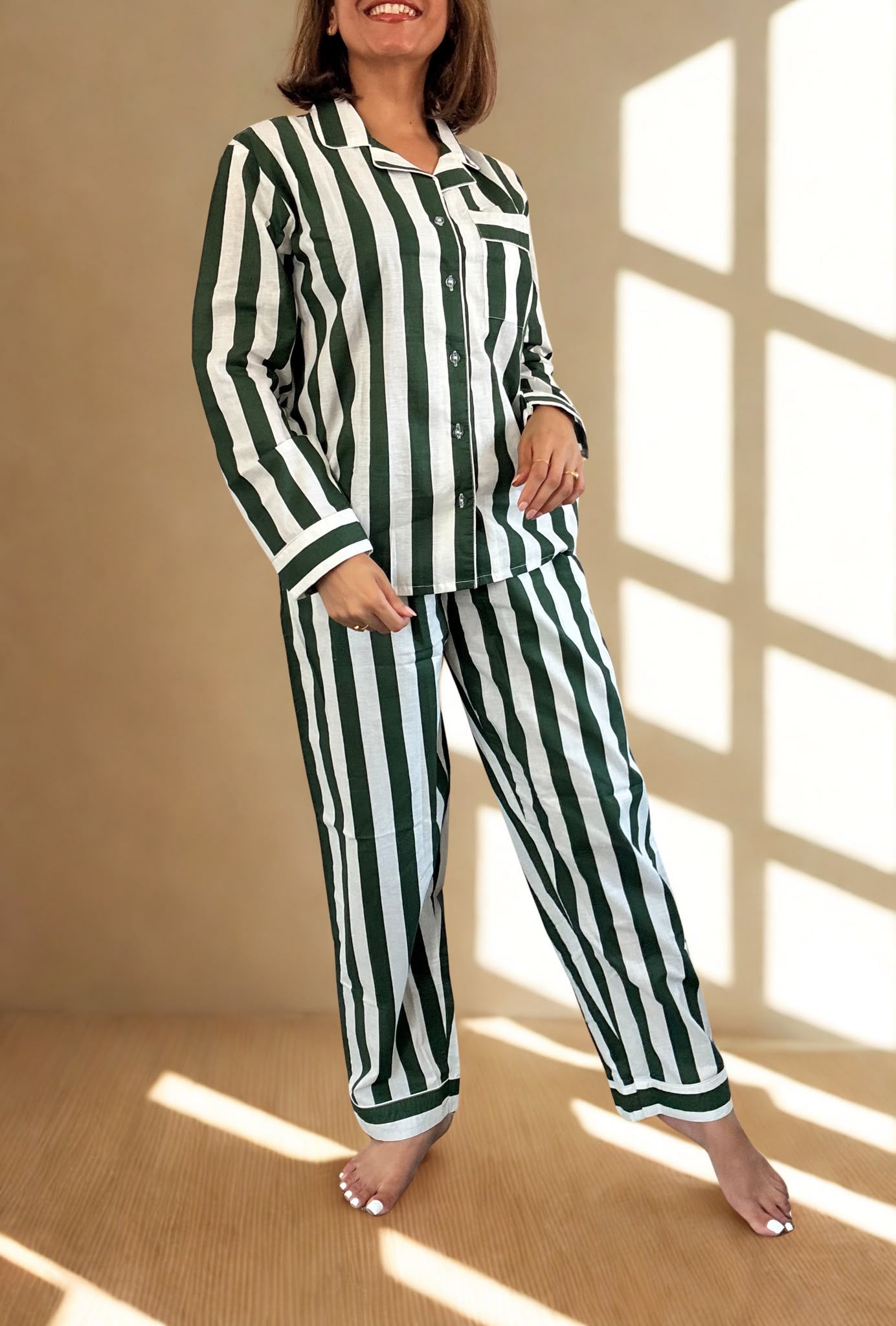 Forest Stripe Cotton PJ Set - model wearing standing front view