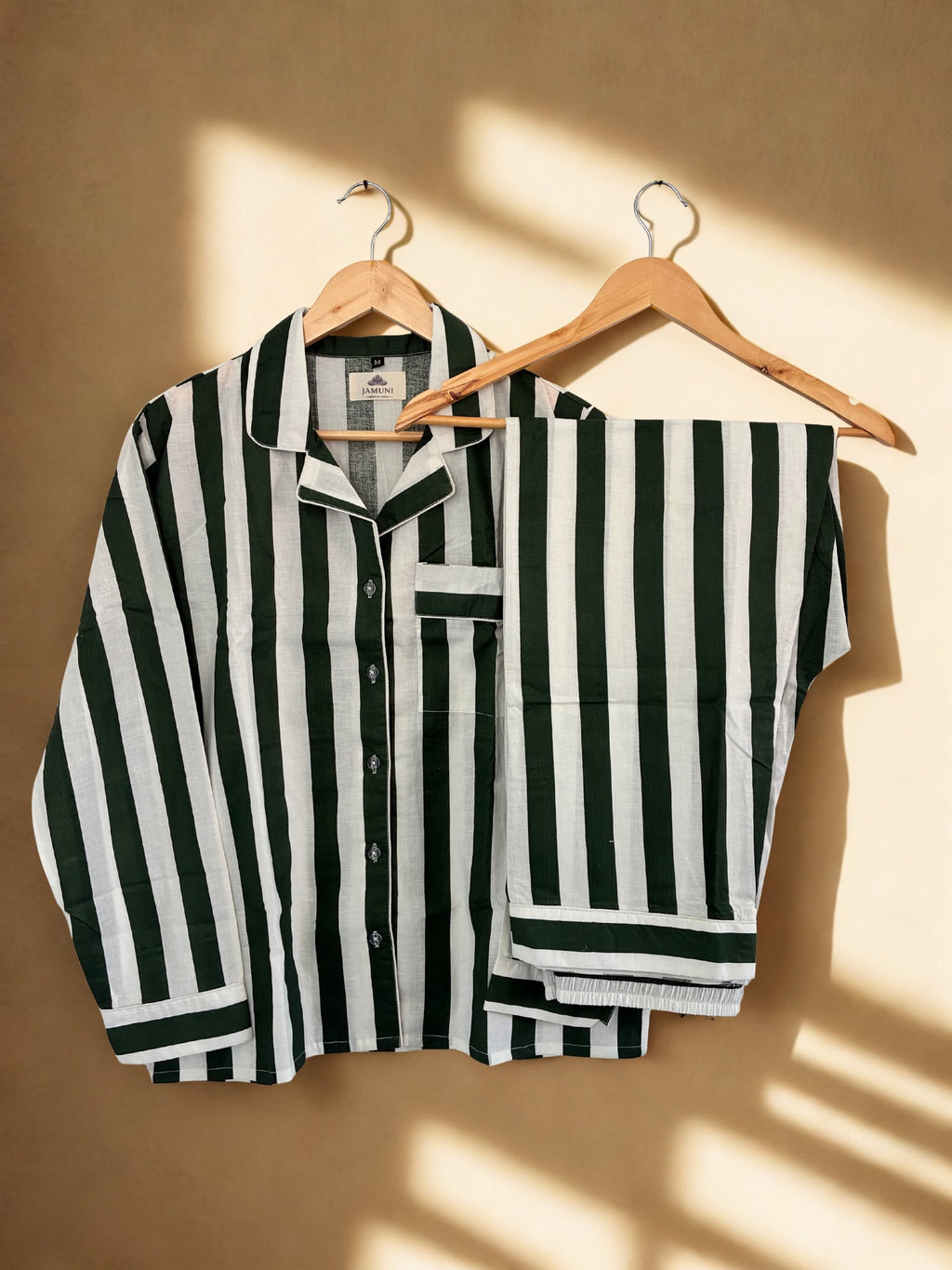 Forest Stripe Cotton PJ Set - shirt and trousers on hangers