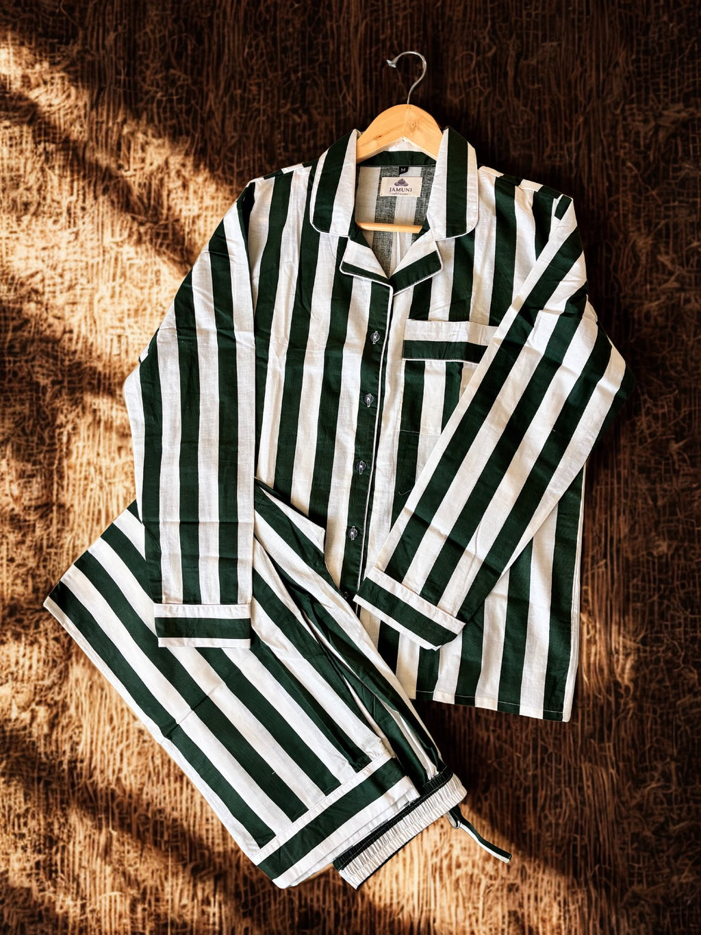 Forest Stripe Cotton PJ Set - flat lay on textured surface