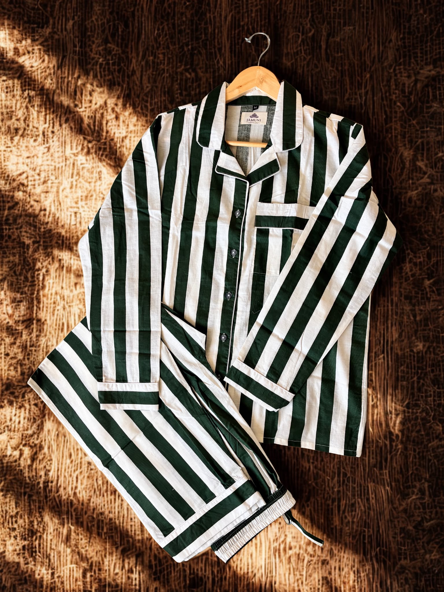 Forest Stripe Cotton PJ Set - flat lay on textured surface
