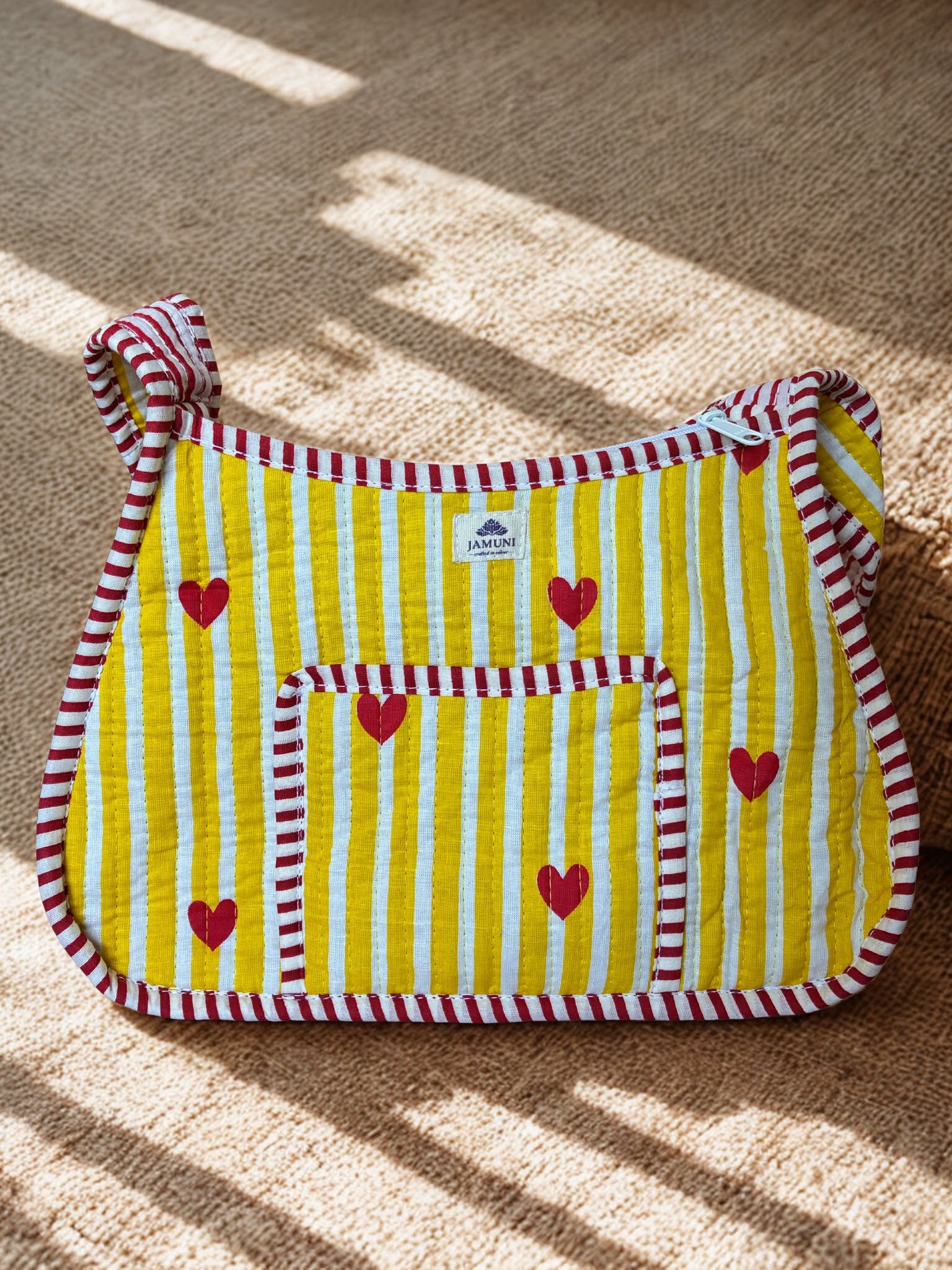 Heart Stripe Quilted Cotton Shoulder Bag - flat lay top view