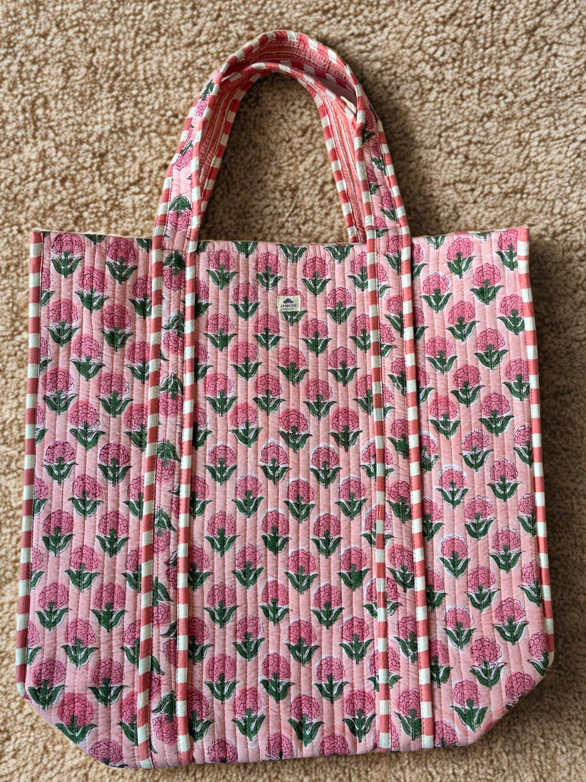 Blush Blossom Quilted Cotton Zipper Tote Bag