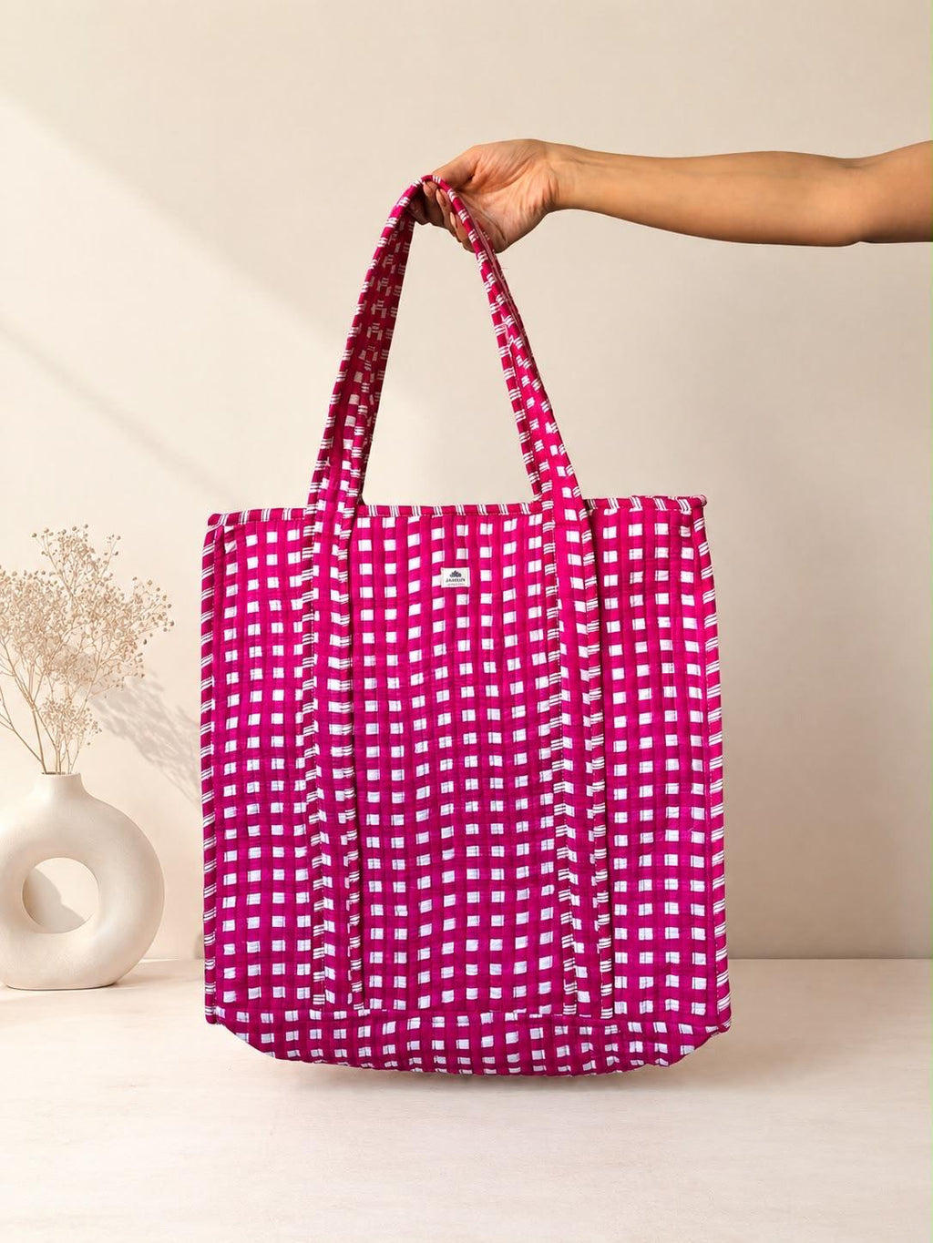 Pink Checkered Quilted Cotton Tote Bag