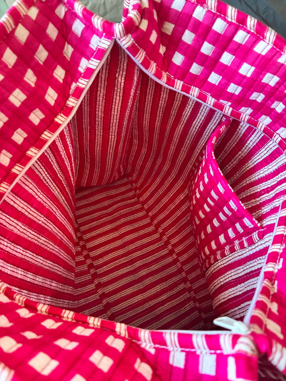 Pink Checkered Quilted Cotton Tote Bag